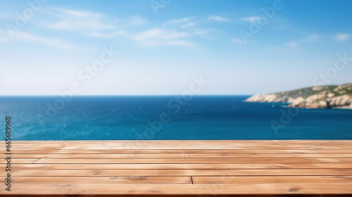 Oceanfront Wooden Table with Island and Sea View, Wooden Table Overlooking Island and Sea