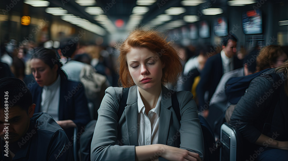 Fototapeta premium Horizontal photo, mid adult woman asleep about going back to work. concept, people, work