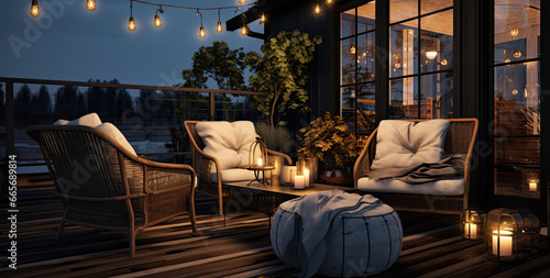 beautiful night scene and lighting on the balcony of a house