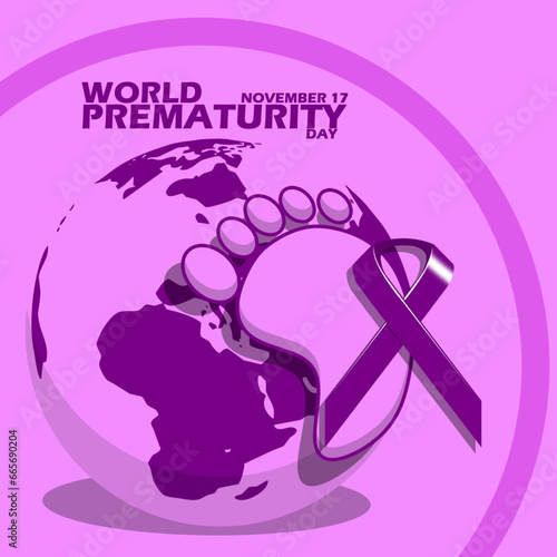 Baby foot icon with purple ribbon, earth and bold text in circle frame on purple background to commemorate ​World Prematurity Day on November 17