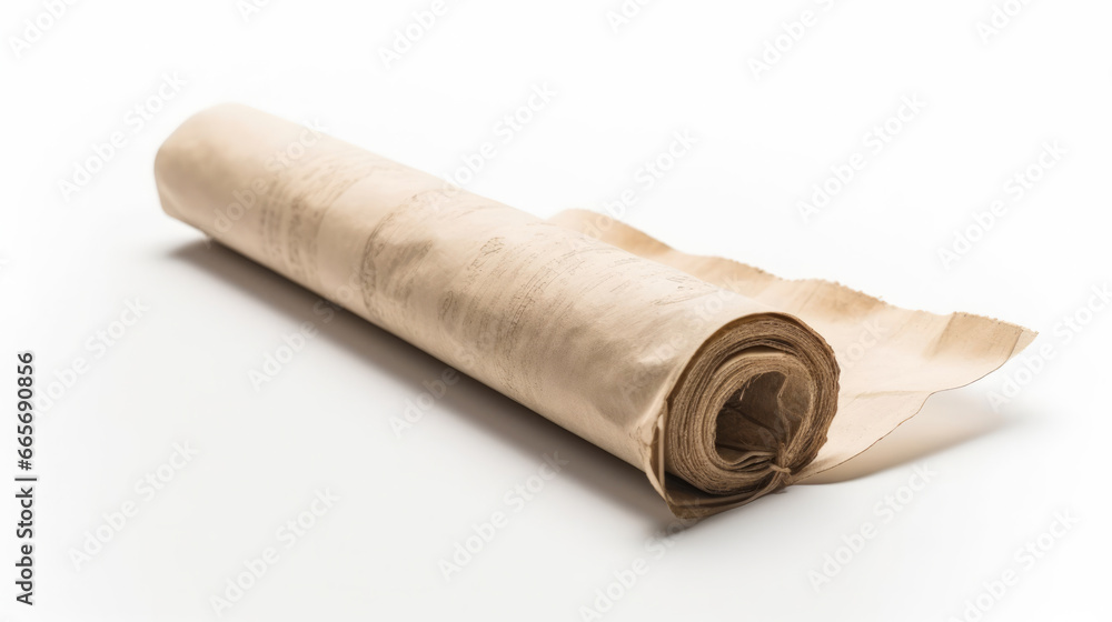 Fototapeta premium Antique rolled papers on a white backdrop, evoking a sense of treasure, pirates, and historic maps from yesteryears