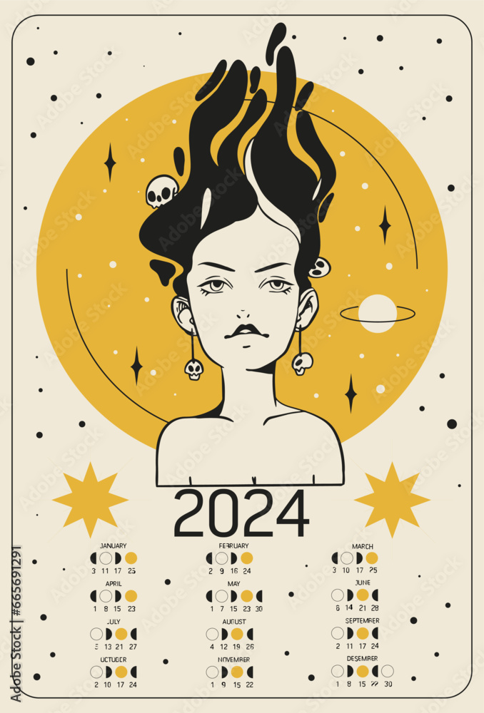 Moon calendar 2024 year. Lunar phases for 2024 year. Stock Vector