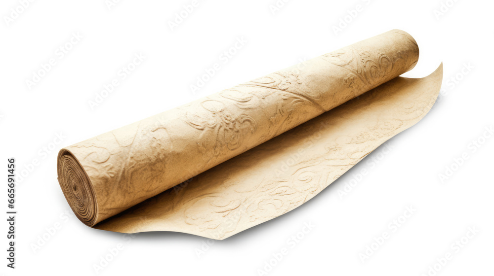 Antique rolled papers on a white backdrop, evoking a sense of treasure, pirates, and historic maps from yesteryears