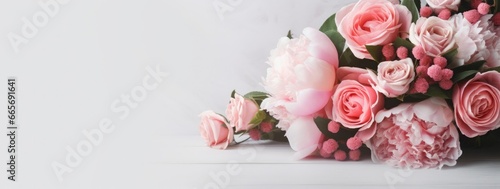 Fresh bunch of pink peonies and roses with copy space. © Ahasanara