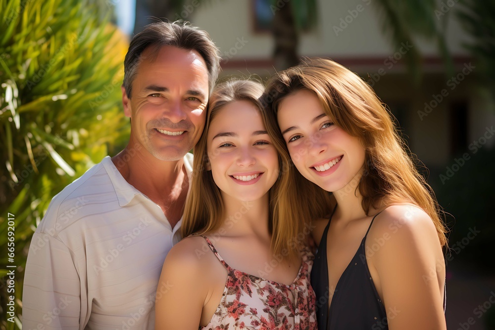 Family photo of a married couple with their daughter. Smiling faces. Happy family. Photo with sunshine and laughing people.