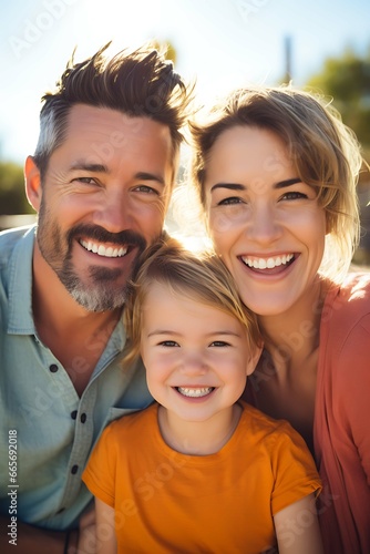 Family photo of a married couple with their daughter. Smiling faces. Happy family. Photo with sunshine and laughing people.