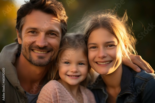 Family photo of a married couple with their daughter. Smiling faces. Happy family. Photo with sunshine and laughing people.