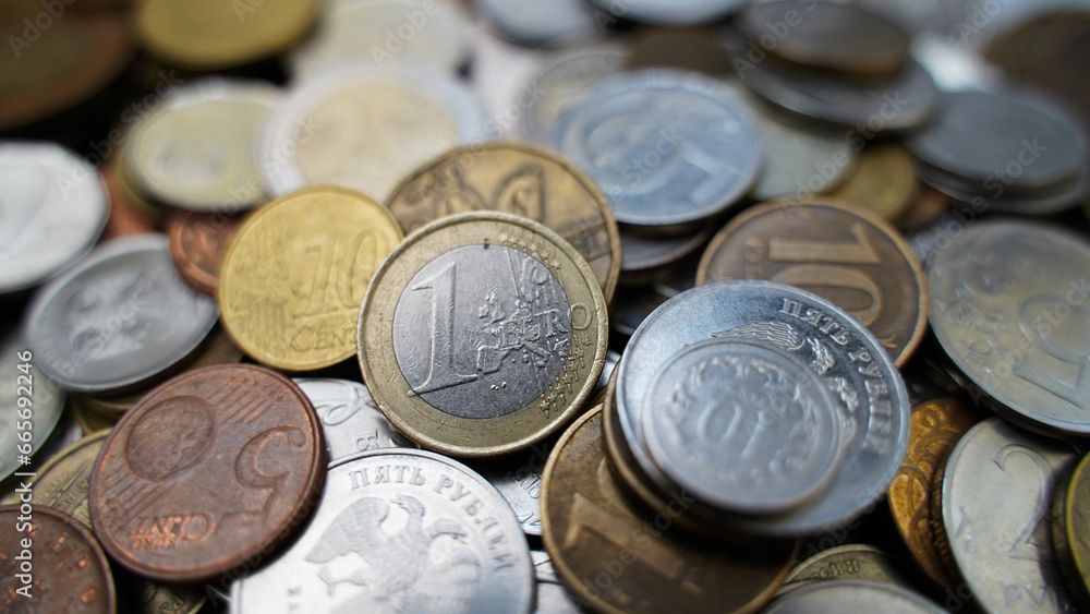 Coins from different countries of the world. Polish Zloty, Czech Crowns, Euro, Russian Ruble Coins from different countries of the world. Polish Zloty, Czech Crowns, Euro, Russian Ruble