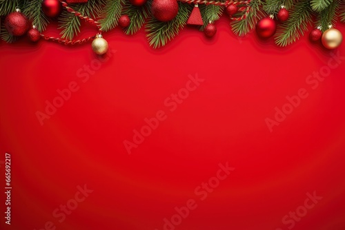 Christmas or New Year red background with fir decor.