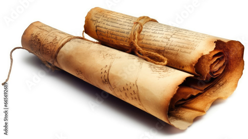 Antique rolled papers on a white backdrop, evoking a sense of treasure, pirates, and historic maps from yesteryears photo