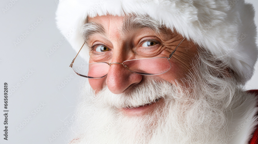 Portrait of a kind smiling santa claus with glasses, looking at the camera. Portrait close-up. Portrait of a kind smiling santa claus with glasses, looking at the camera. Portrait close-up.