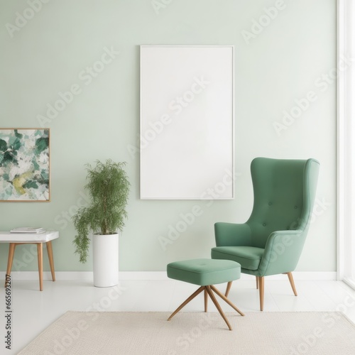 Green Chair in a Modern Living Room with Picture Frames and Plants - Cozy Home Interior Decor