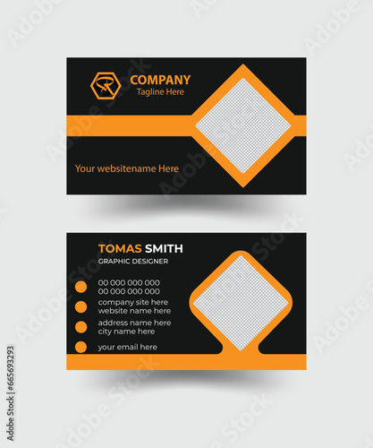 Modern and simple business card, design, yellow and dark black color, creative business card, horizontal simple clean template vector design. © RAYHAN