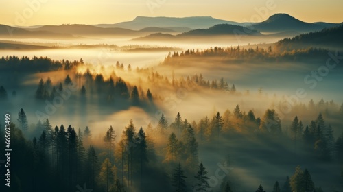 early morning sunrise foggy forrest, treetips standing out of fog autumn fall foggy fall sunrise drone shot photo