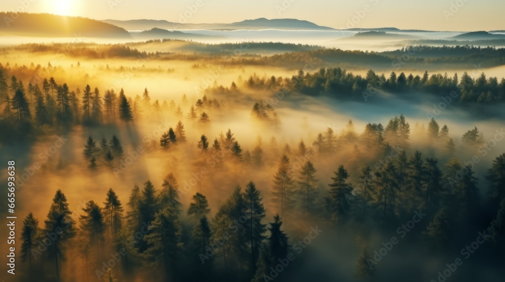 Fototapeta premium early morning sunrise foggy forrest, treetips standing out of fog autumn fall foggy fall sunrise drone shot