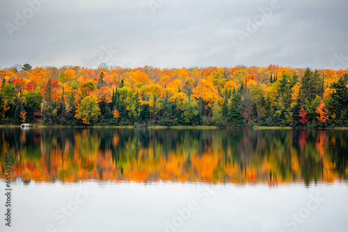 Fototapeta Naklejka Na Ścianę i Meble -  Colorful autumn trees on lake of the Falls in Mercer, Wisconsin