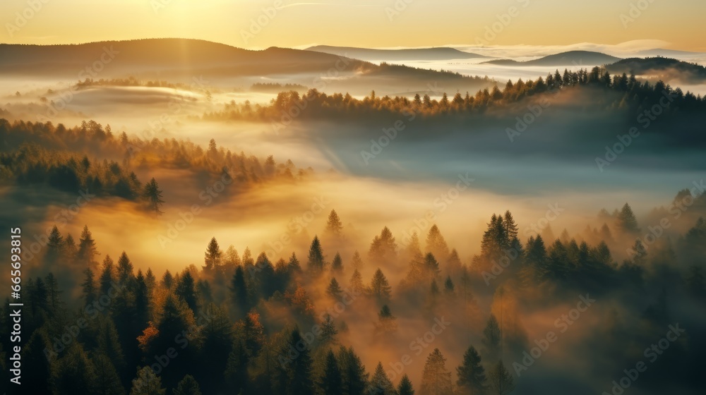 Fototapeta premium early morning sunrise foggy forrest, treetips standing out of fog autumn fall foggy fall sunrise drone shot