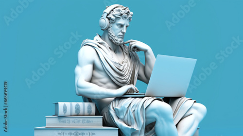 Greek Statue with laptop, ancient and modern, sculpture and technology photo