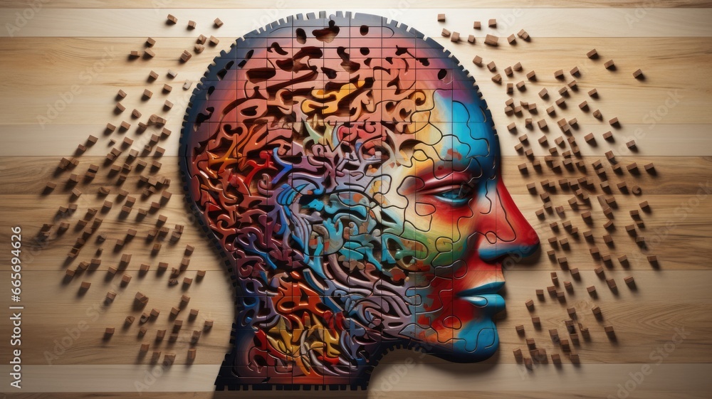 ADHD, attention deficit hyperactivity disorder, mental health, head of a man with jigsaw pieces - obrazy, fototapety, plakaty 