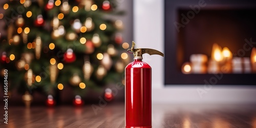 Red fire extinguisher stands on the floor near the christmas tree, concept of Holiday decoration photo