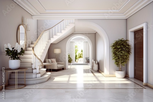 The interior design of the modern entrance hall with a staircase in the villa.