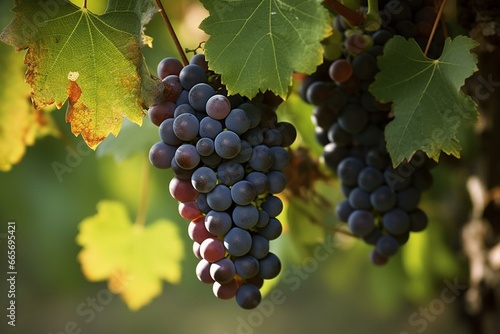 Mature grapes growing in a vineyard. Generative AI