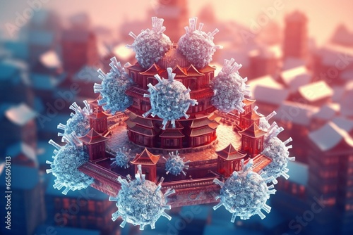 Outbreak of coronavirus in Wuhan, China. The virus is a single-stranded RNA virus. 3D render. Generative AI