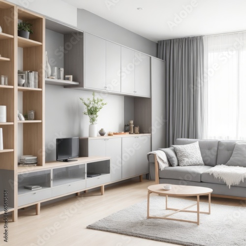 Studio Apartment with Grey Sofa in a Modern Living Room - Cozy Small Space Interior Design