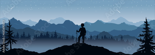 Traveler on top. Abstract landscape with mountains and forest. Starlight night. Vector illustrations. 