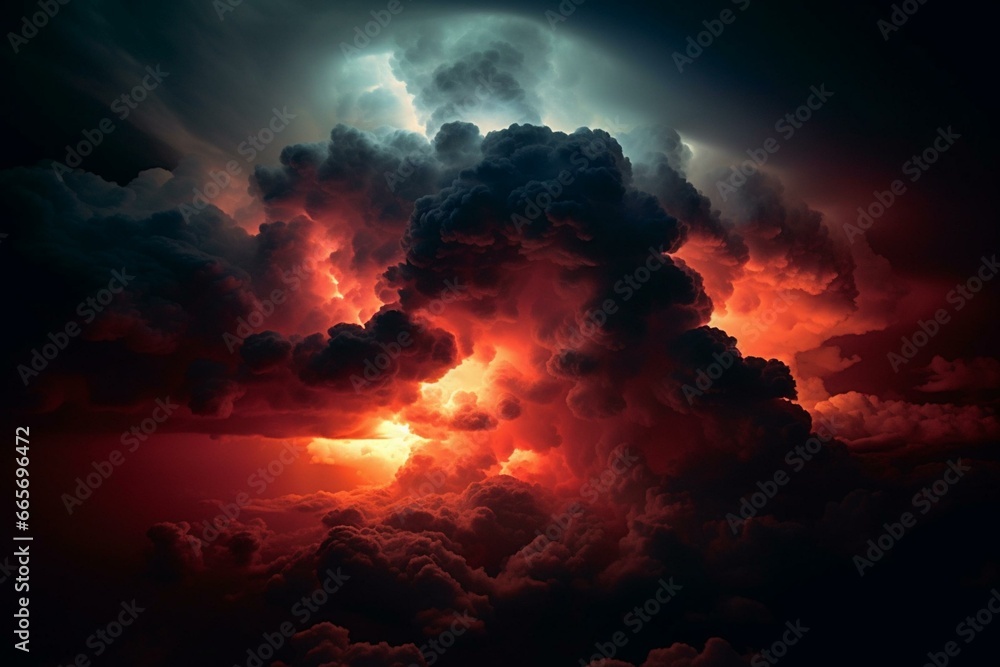Vibrant cloud with glowing red light above in a dark sky. Generative AI