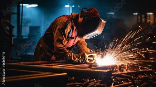 Worker welds at the factory
