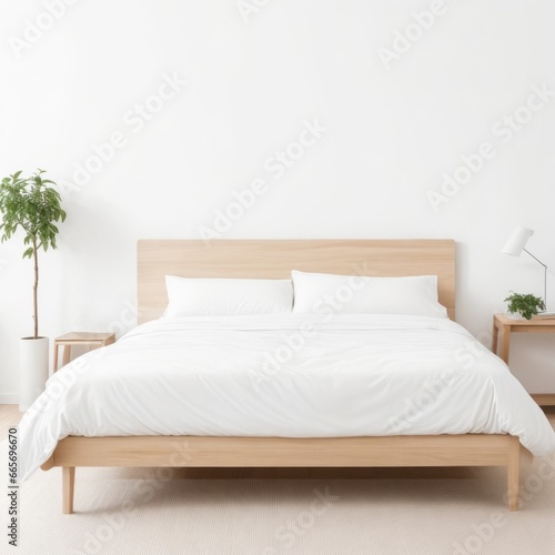 Wooden Bed Near a White Wall in a Minimalist Bedroom - Perfect for Bed Sheet Mockup and Bedspread Showcase © Momo