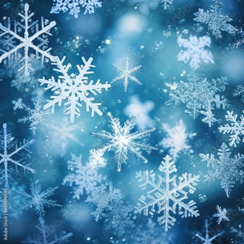 Winter, festive background. There are many different snowflakes on a blue background.