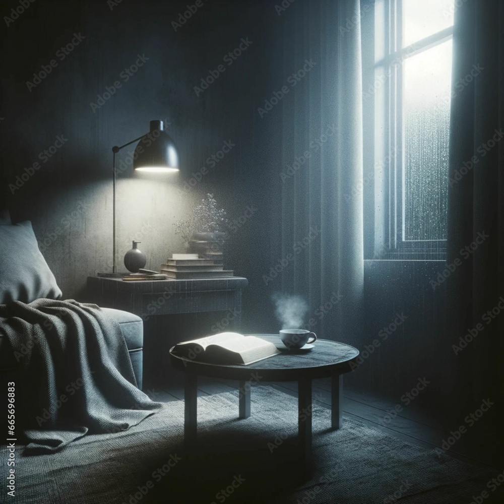 quiet and peaceful room with books and coffee.  moody - obrazy, fototapety, plakaty 
