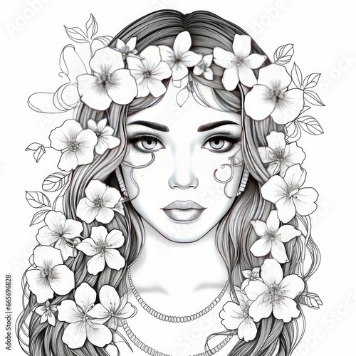 A girl on a coloring book page with Jasmine flowers.