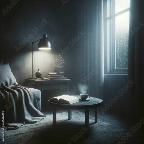 quiet and peaceful room with books and coffee.  moody photo