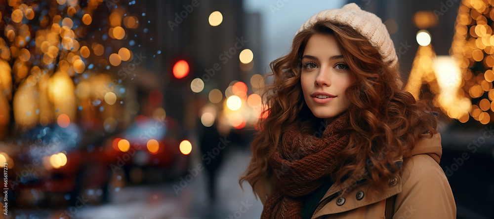 portrait of a woman wearing a warm coat and hat in a christmas night with copy space for messages portrait of a woman wearing a warm coat and hat in a christmas night with copy space for messages