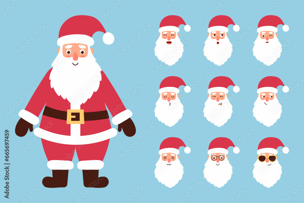 Christmas Santa Claus character, different head emotions. Cute Santa mascot character set. Cartoon vector illustration