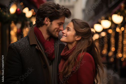 loving couple kissing in the city during winter. Romantic background for marketing campaign or premade book cover.
