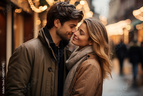 loving couple kissing in the city during winter. Romantic background for marketing campaign or premade book cover. photo