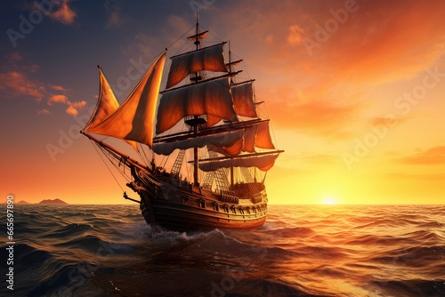 Pirate ship sailing on the ocean at sunset. Vintage cruise. © Ahasanara
