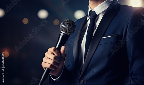 Empowering voices. Art of public speaking. Man with microphone in action. Capturing impactful speech. Business talk. Presenting. Journalist perspective