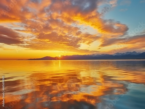 Bright sunset over Lake golden clouds reflect in the water.