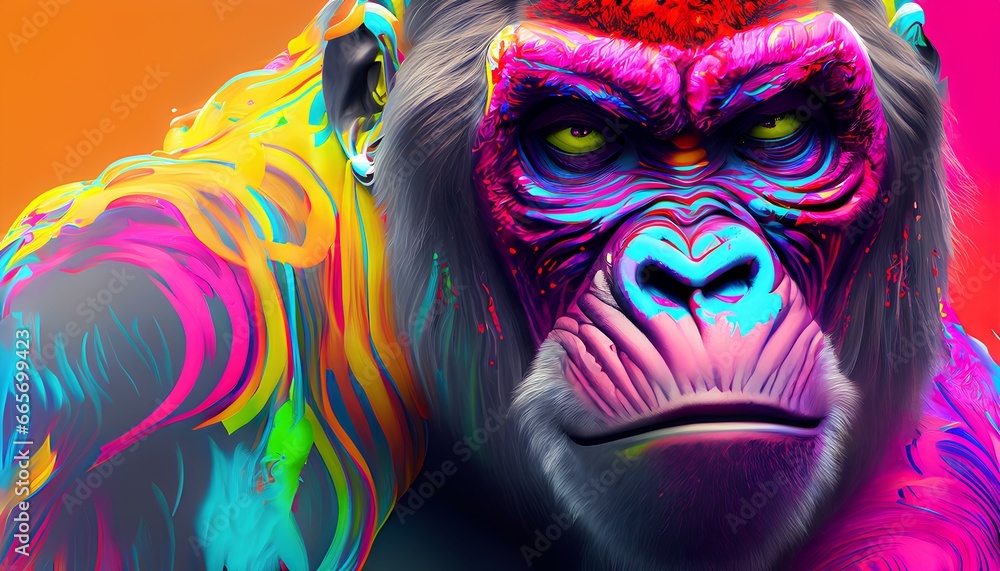 Gorilla and monkeys in rainbow colors	