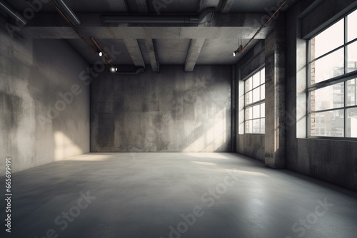 Contemporary empty room with asymmetrical walls and rugged floor - industrial backdrop. Generative AI photo