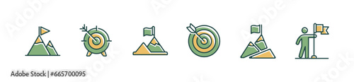 collection of goal mission business objective success icon set challenge target marketing strategy vector illustration aim arrow and mountain flag achievement symbol design