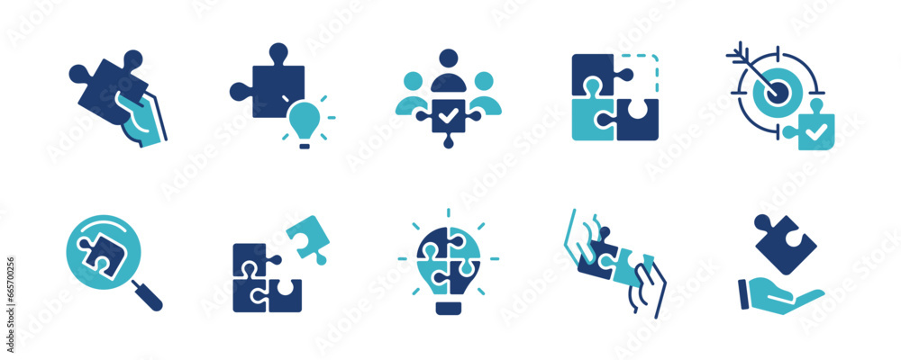puzzle challenge solution icon set business teamwork mission jigsaw piece match part problem solving management vector illustration puzzle challenge solution icon set business teamwork mission jigsaw piece match part problem solving management vector illustration