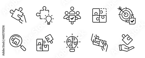 puzzle jigsaw teamwork challenge solution icon set line style business mission creative problem solving puzzle match piece vector illustration outline collection for web and app
