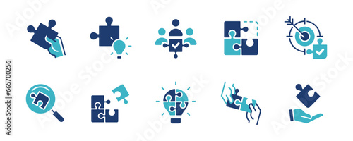 puzzle challenge solution icon set business teamwork mission jigsaw piece match part problem solving management vector illustration 