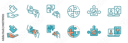 business objective puzzle challenge teamwork icon set jigsaw piece solution problem solving match fit vector illustration for web and app